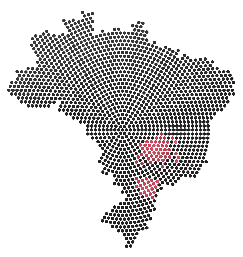 mapa do Brasil em preto e cinza. O mapa está em uma perspectiva 3D e está ligeiramente inclinado para a direita. O mapa é principalmente cinza com um aglomerado de pontos vermelhos na região sudeste. Os pontos vermelhos parecem estar concentrados nos estados de São Paulo e Rio de Janeiro.