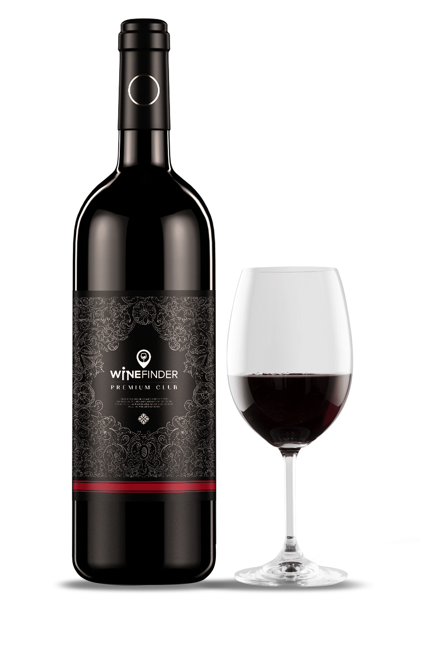 uma garrafa de vinho tinto e uma taça de vinho tinto em um fundo branco. A garrafa é alta e tem um rótulo preto com um design prateado e uma faixa vermelha. O rótulo lê “Winefinder” e tem um logotipo de uma rosa dos ventos. A taça é uma taça de vinho grande com uma haste longa e uma taça cheia de vinho tinto. O vinho na taça é de cor vermelha profunda.