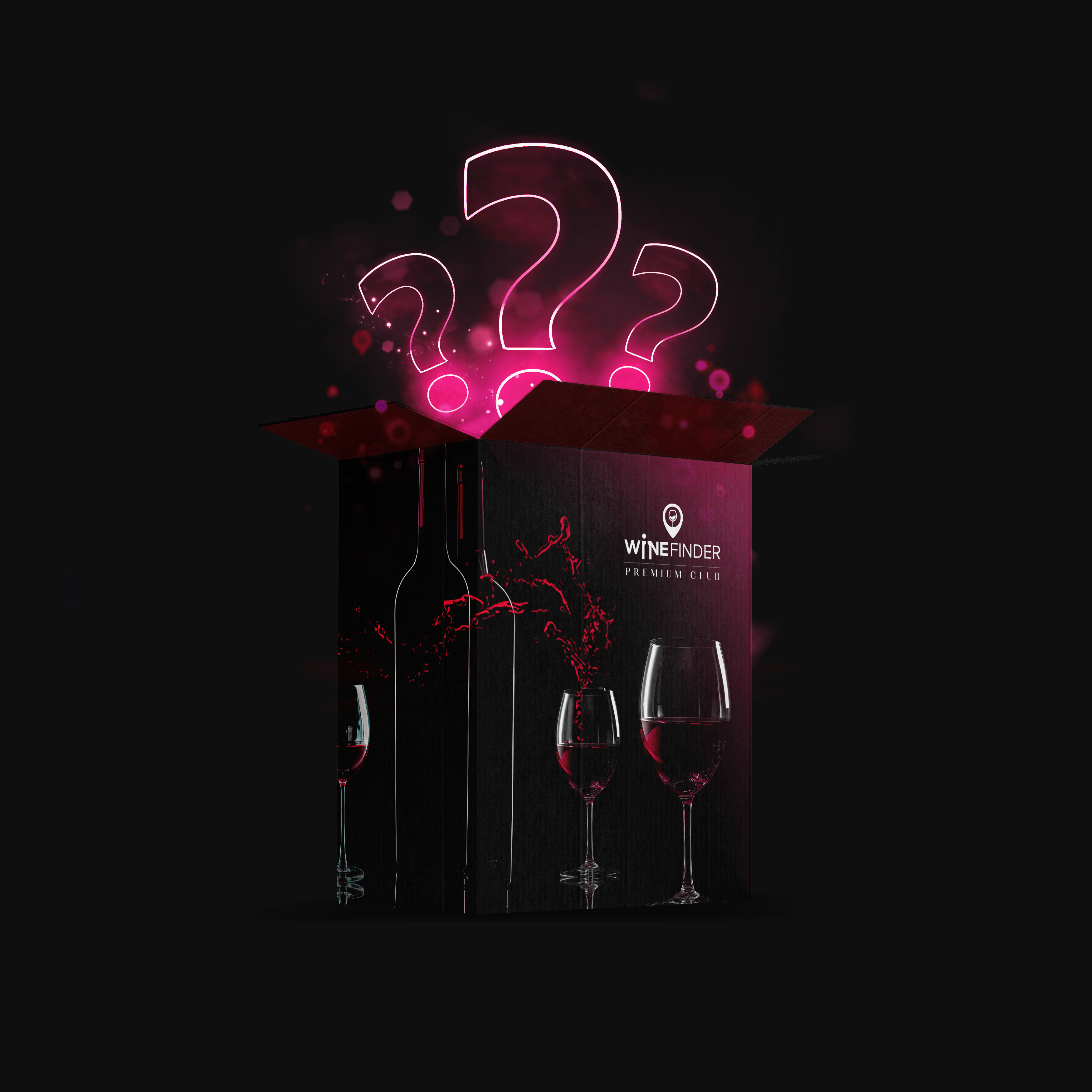 A imagem mostra uma caixa preta com pontos de interrogação rosa acima dela. Os pontos de interrogação estão em um estilo de luz neon. A caixa está em um fundo preto com um brilho rosa ao redor dela. Na frente da caixa, há três taças de vinho, uma das quais está derramando vinho tinto. As taças de vinho estão em um estilo realista. A imagem tem um clima escuro e misterioso.